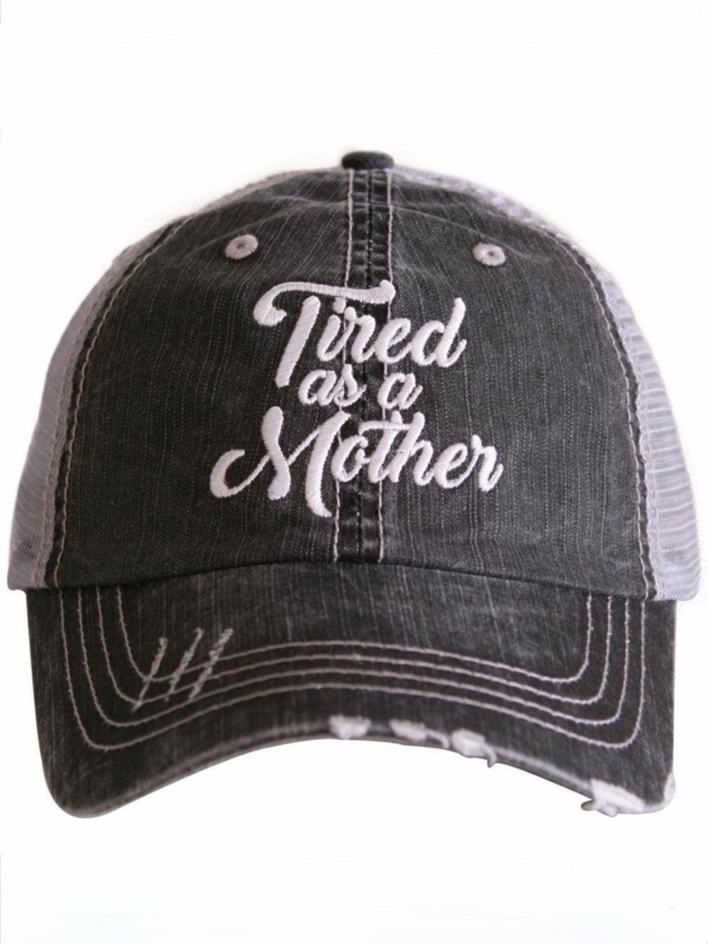 Katydid 'Tired as a Mother' Embroidered Trucker Hat - Charcoal and White
